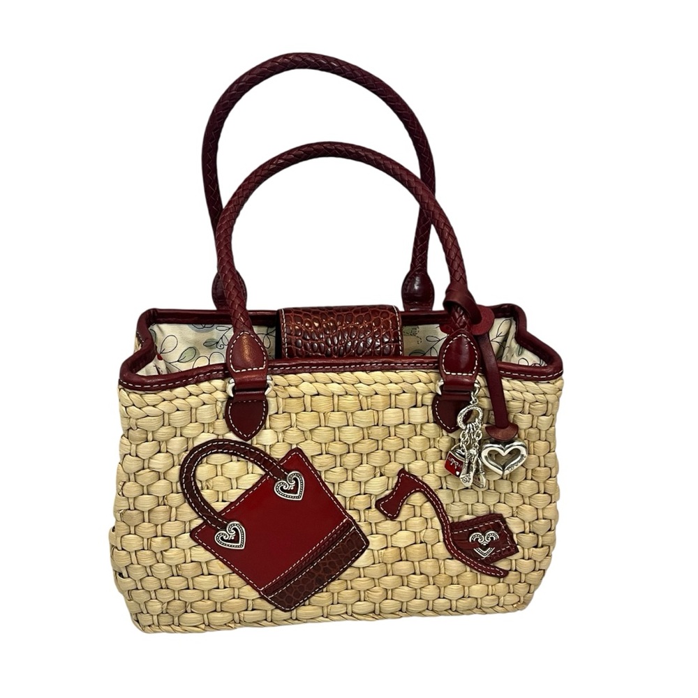 Brighton Basket Weave Straw Handbag Purse With Leather Trim & Charms